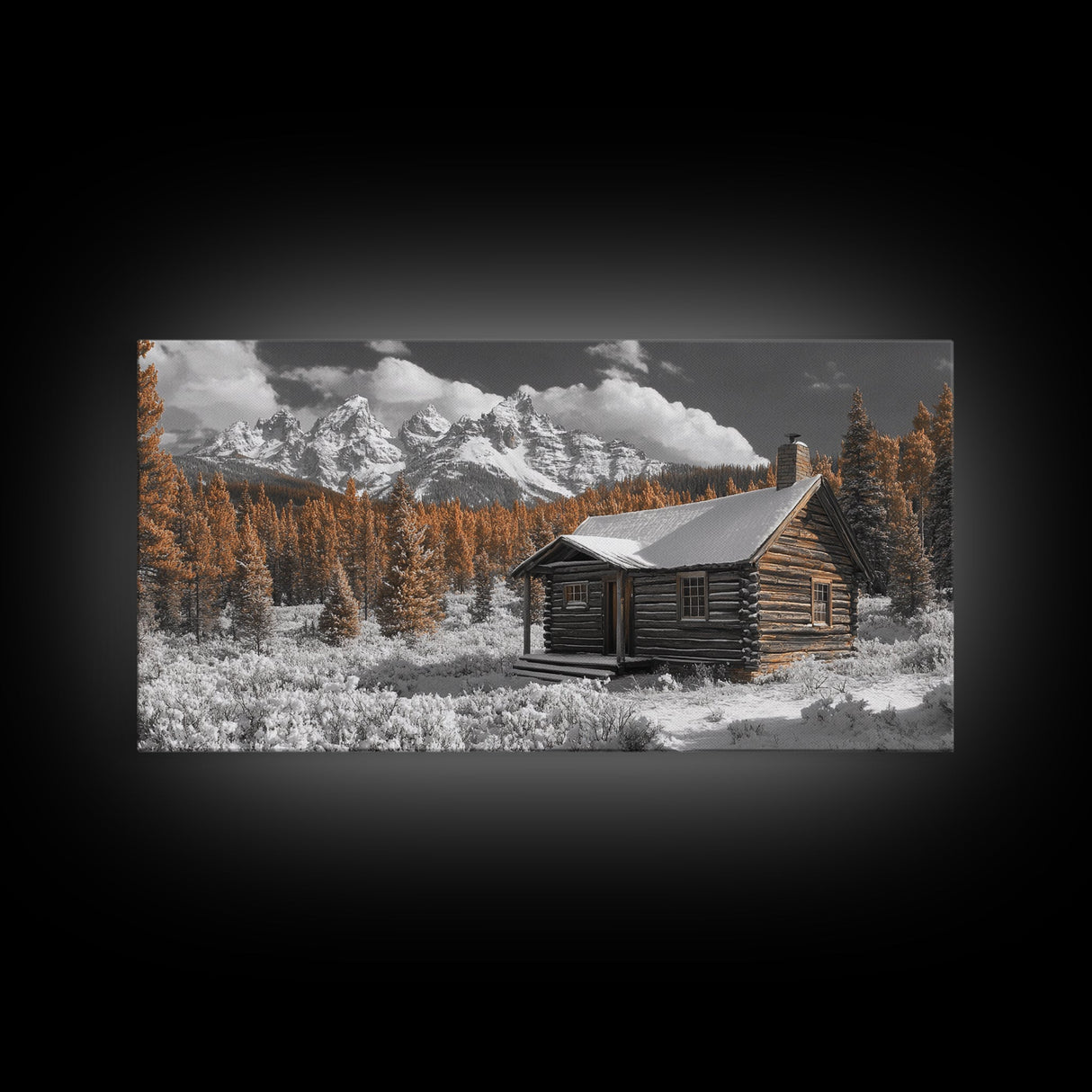 Snowy Cabin, Winter Landscape, Mountain Lodge, Rustic Retreat, Framed Canvas Print, Cozy Wall Art, Cabin Living, Holiday Decor