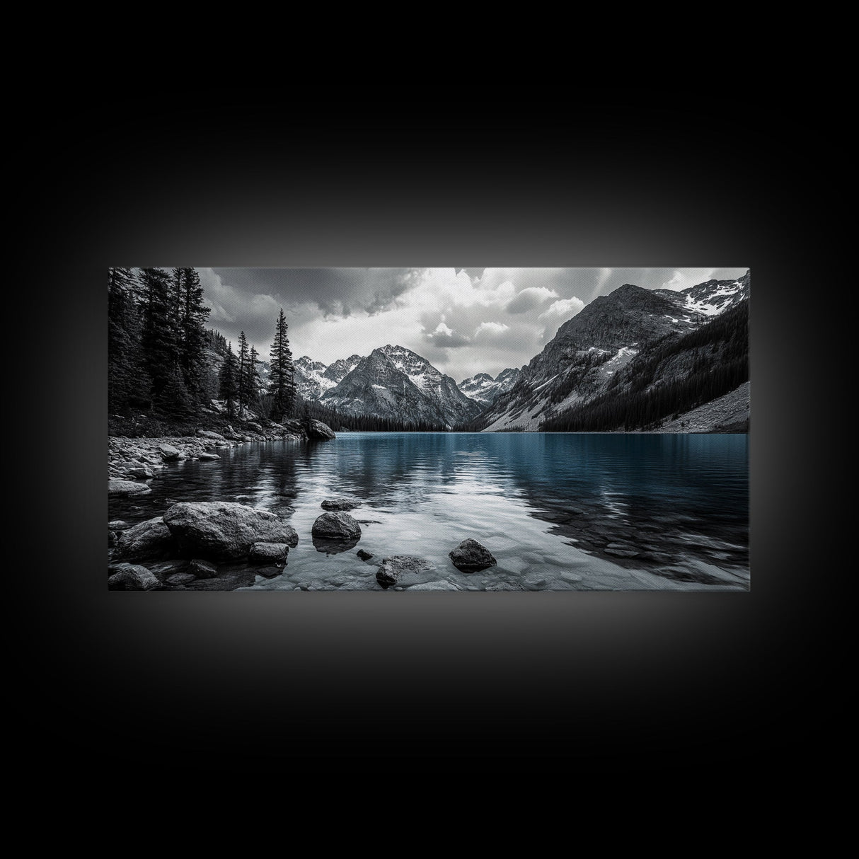 Tranquil Lake, Mountain View, Nature Calm, Winter Reflections, Framed Canvas Print, Living Room Wall Art, Serene Landscape Photography