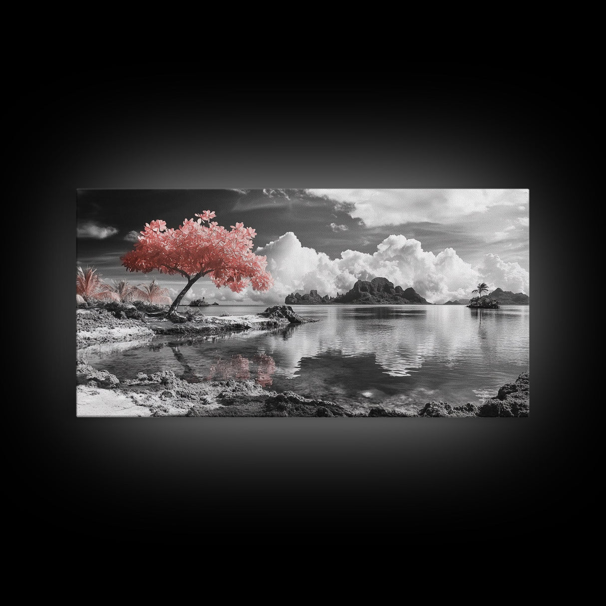 Pink Tree, Island Dreams, Serene Water, Tropical Sky, Framed Canvas Print, Boho Wall Art, Bedroom Decor, Black and White Landscape