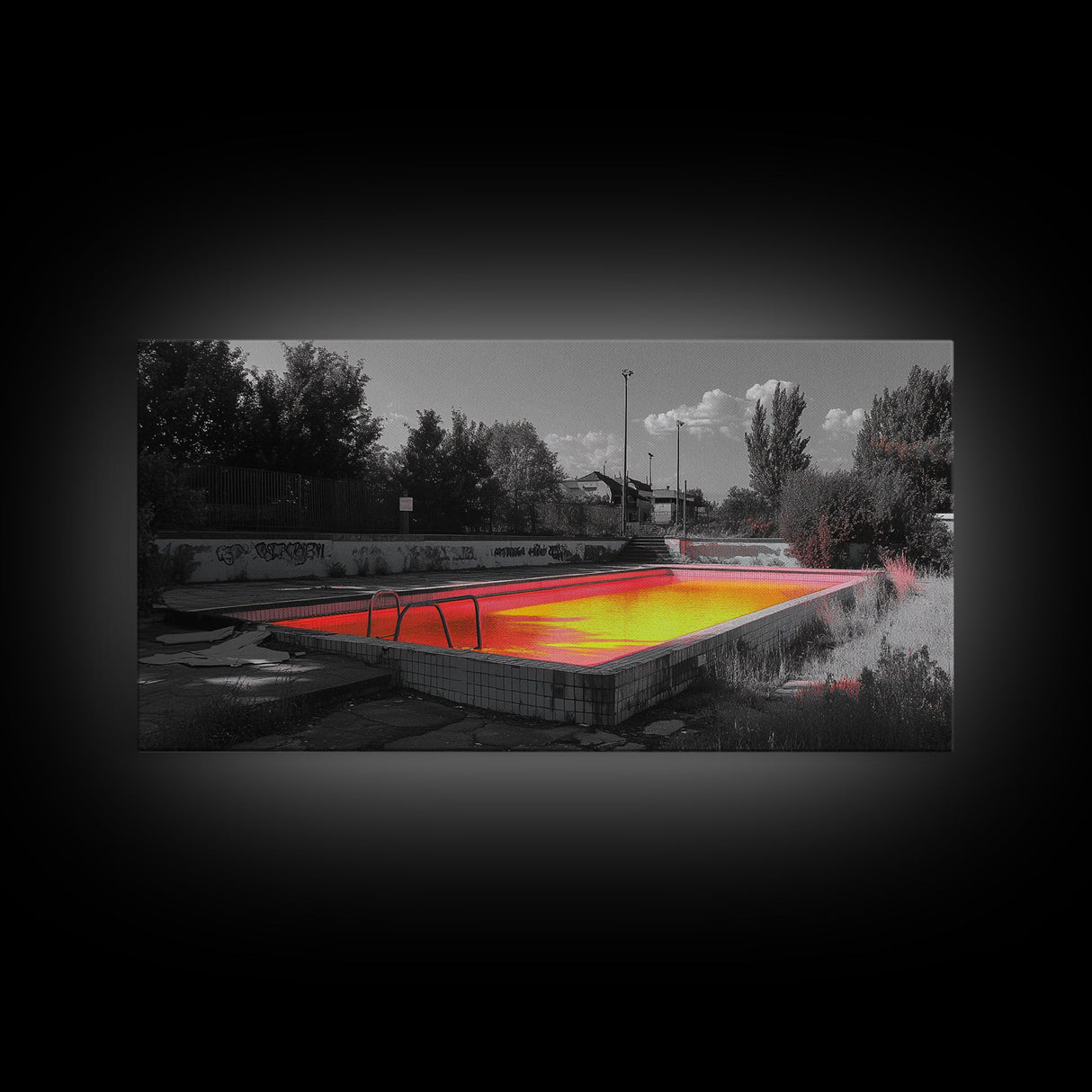 Abandoned Pool, Neon Water, Urban Decay, Vivid Glow, Canvas Print, Grunge Wall Art, Teen Bedroom Decor, Street Photography, Color Pop