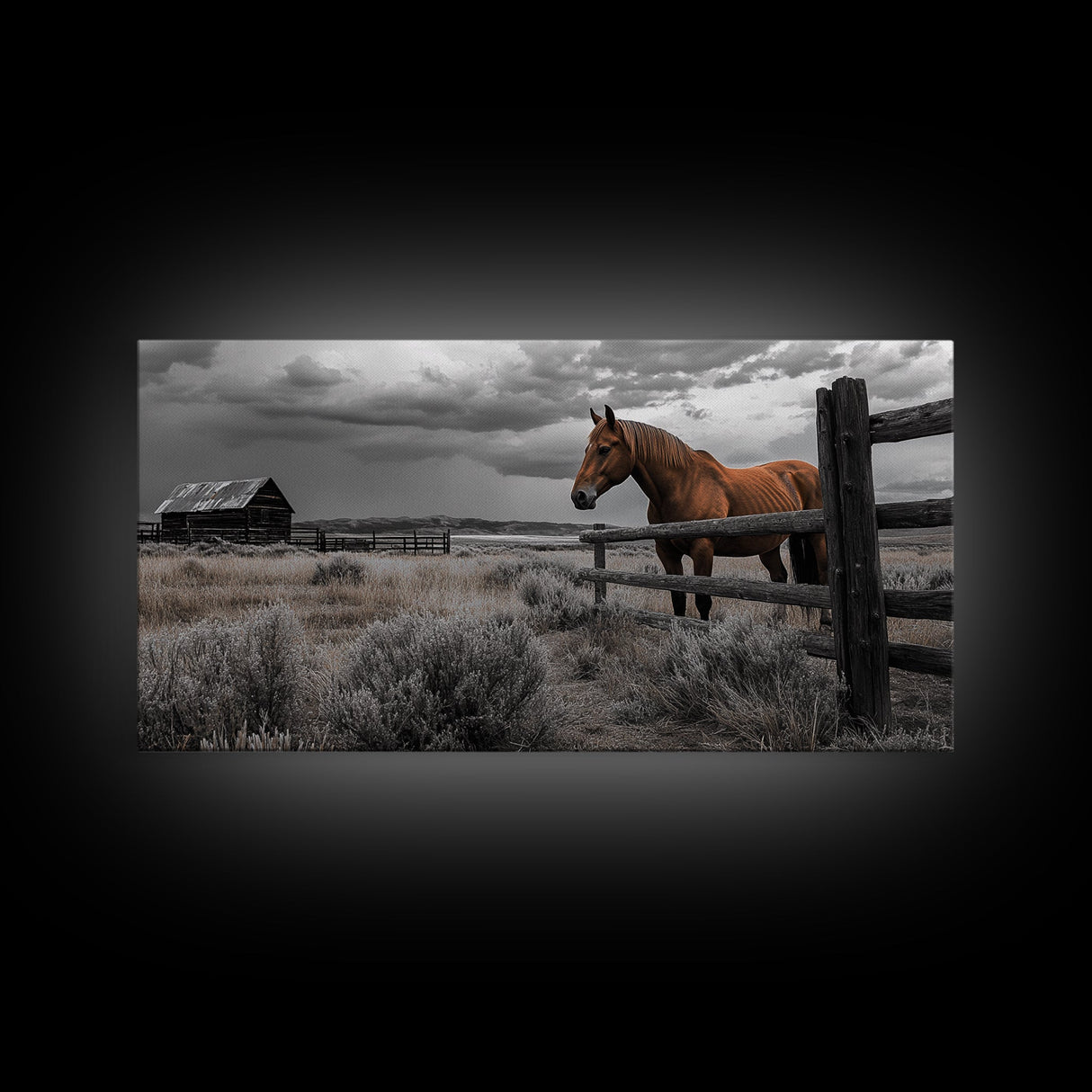 Rustic Horse, Country Fence, Western Scene, Moody Skies – Framed Canvas Print, Farmhouse Wall Art, Autumn Decor, Cabin Living, Cowboy Vibe
