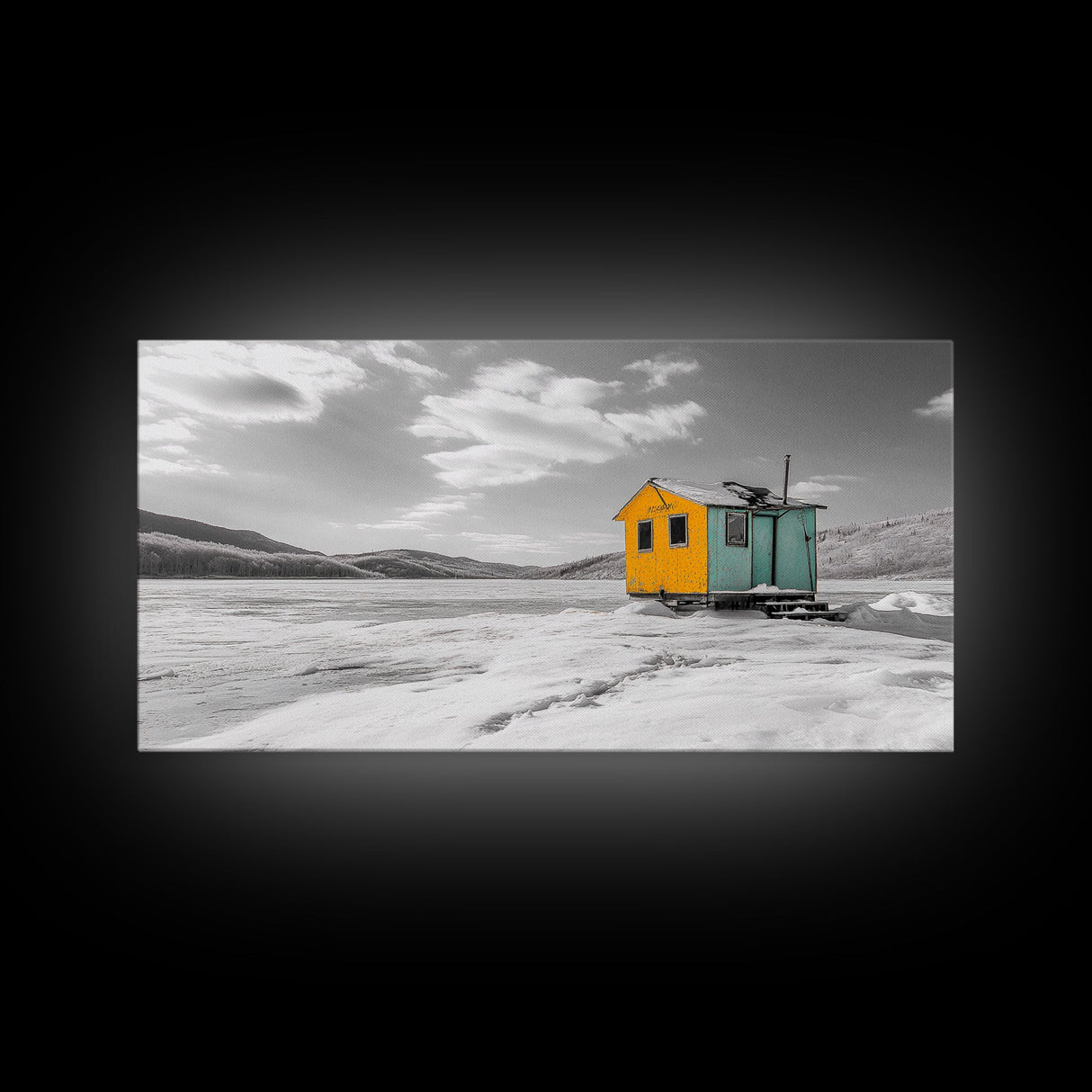 Yellow Cabin, Frozen Lake, Snowy Escape, Winter Minimalism – Framed Canvas Print, Scandinavian Wall Art, Cozy Living Room, Nordic Style