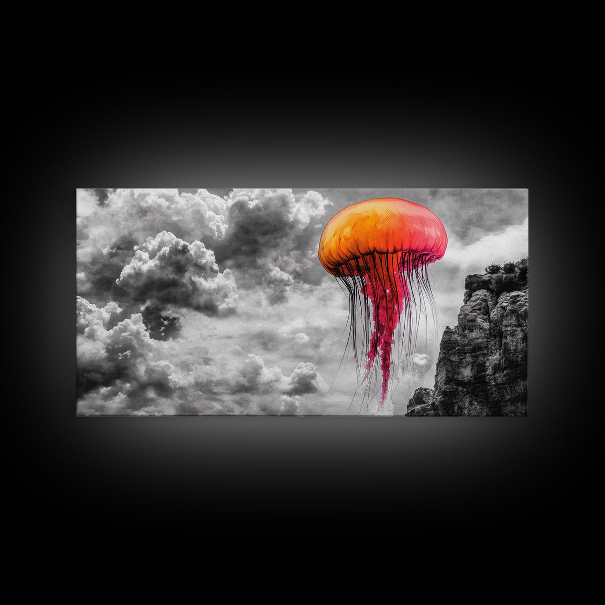 Orange Jellyfish, Floating Creature, Surreal Sky, Dreamlike Scene – Canvas Print, Nautical Wall Art, Living Room Piece, Ocean Fantasy