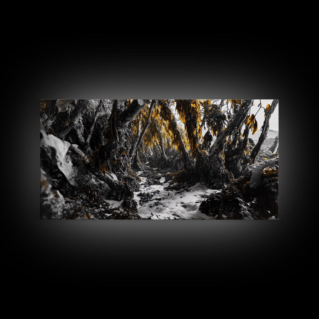 Kelp Forest, Coastal Jungle, Tidal Path, Ocean Shadows – Framed Canvas Print, Moody Marine Wall Art, Bathroom Decor, Natural Ocean Tones