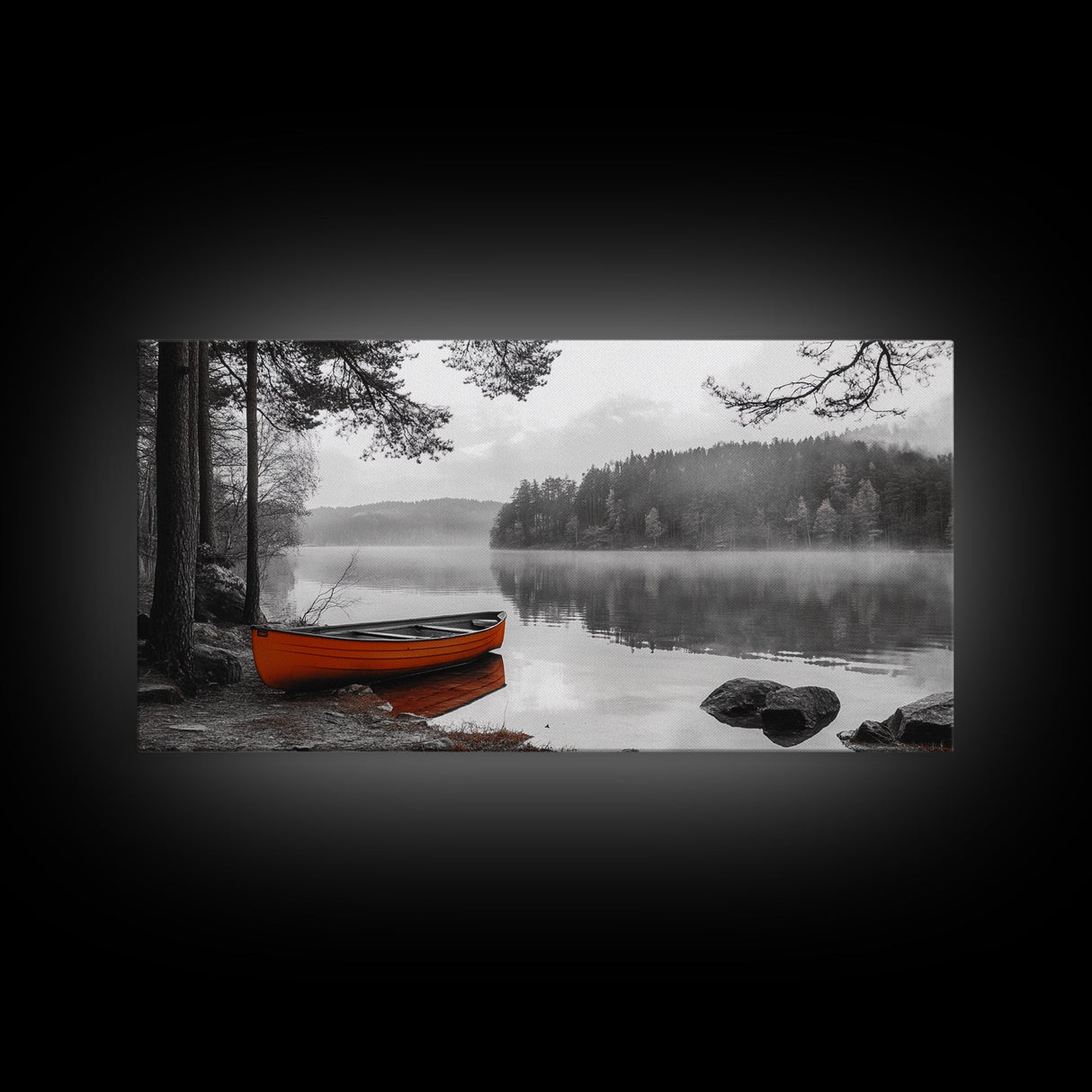 Misty Lake, Orange Boat, Forest Reflections, Foggy Calm – Canvas Print, Nature Wall Art, Fall Cabin Decor, Cozy Landscape Photography
