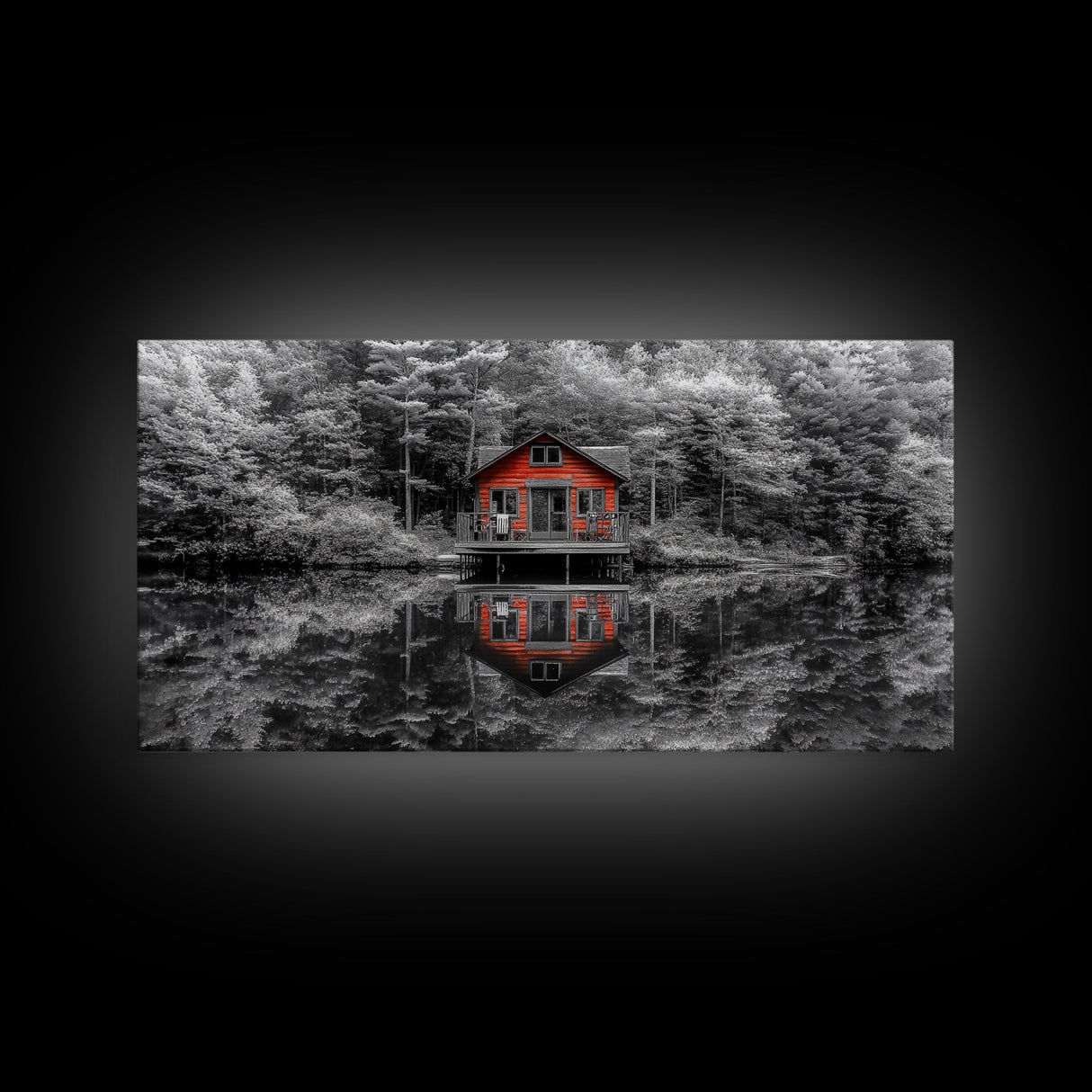 Red Cabin, Lake Reflection, Autumn Escape, Forest Retreat, Framed Canvas Print, Rustic Wall Art, Cabin Decor, Fall Living Room Artwork