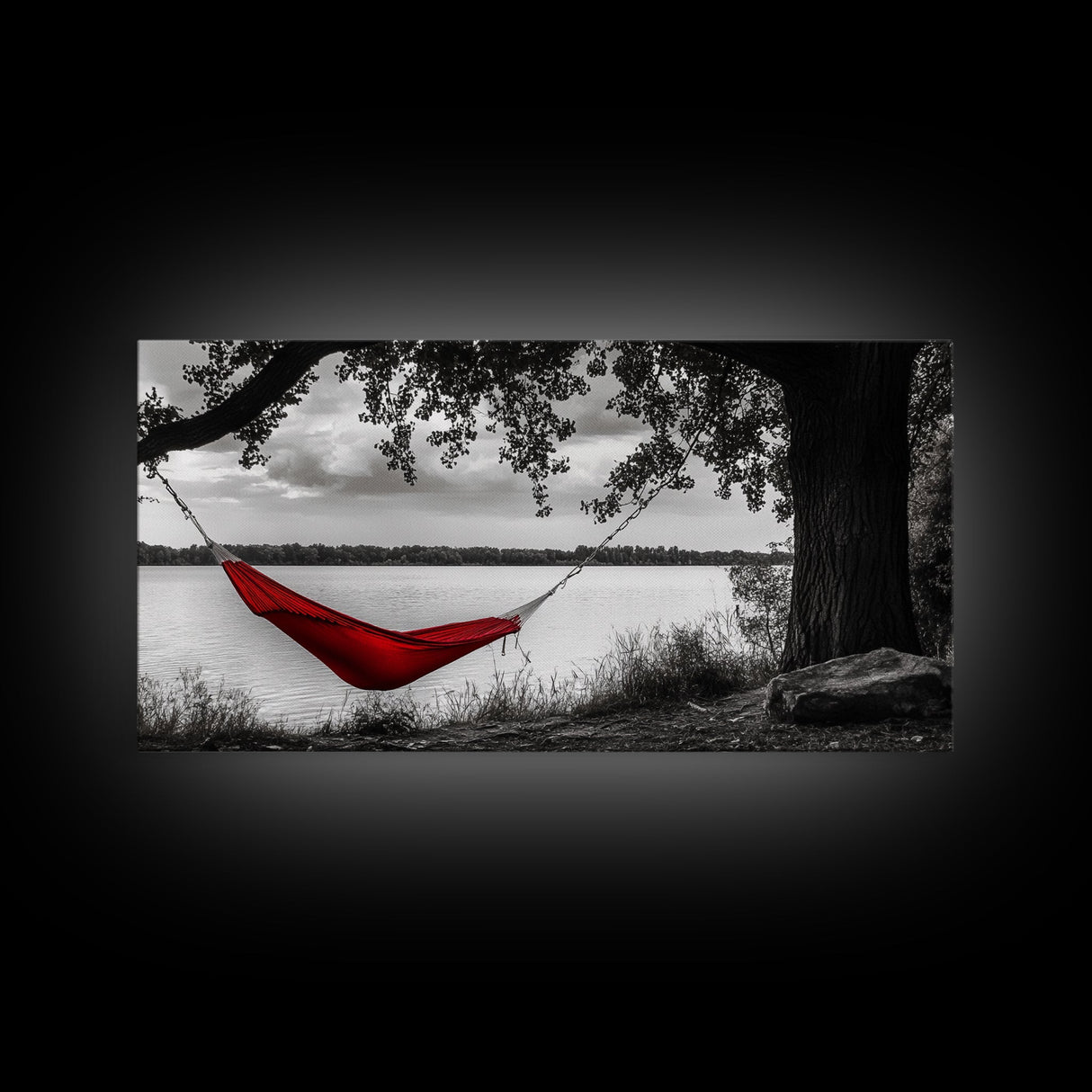 Red Hammock, Lakeside View, Tranquil Nature, Tree Shade, Framed Canvas Print, Boho Wall Art, Bedroom Decor, Relaxing Forest Landscape