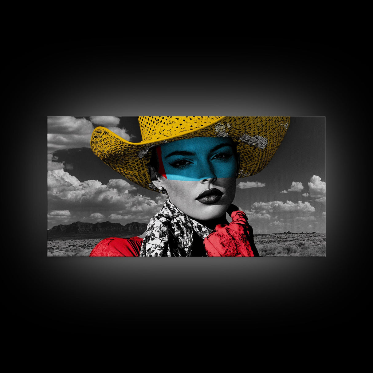 Western Woman, Yellow Hat, Desert Portrait, Fashion Pop Art, Framed Canvas Print, Bold Bedroom Wall Art, Glam Western Wall Decor