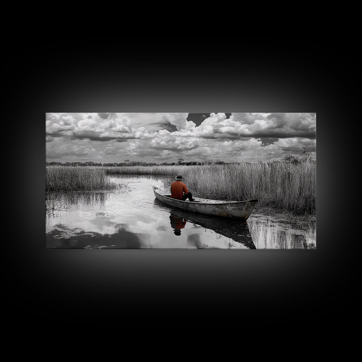 Solitary Canoe, Peaceful Waters, Cloudy Sky, Red Shirt, Framed Canvas Print, Nature Explorer Gift, Cabin Wall Art, Rustic Fall Scene