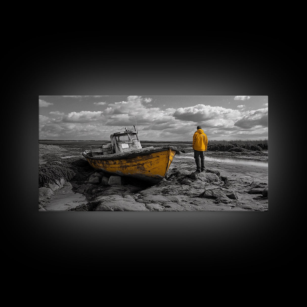 Yellow Boat, Lonely Man, Moody Shore, Framed Canvas Print, Coastal Wall Art, Nautical Decor, Masculine Home Office Style