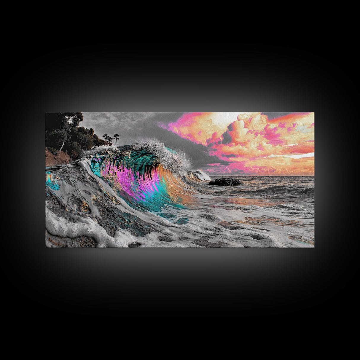 Neon Wave, Tropical Sunset, Bold Ocean Art, Framed Canvas Print, Color Pop Wall Decor, Surfer Room Style, Coastal Vibe Art