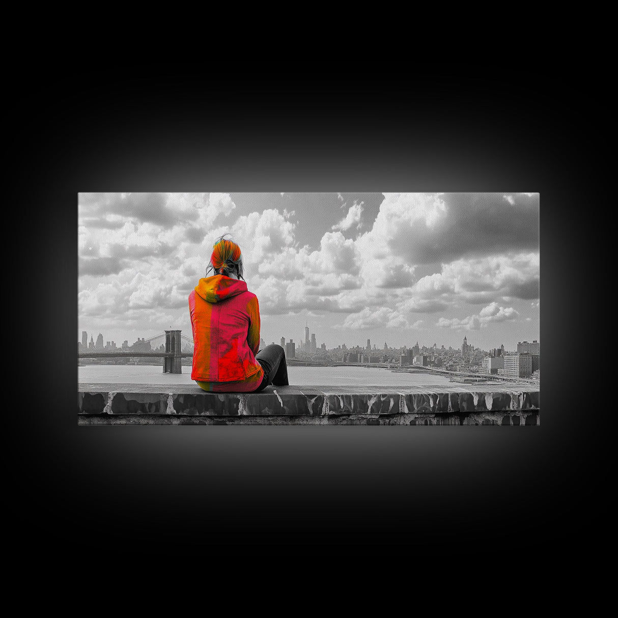 Rooftop View, Urban Woman, Brooklyn Bridge, Reflective Mood, Framed Canvas Print, Modern City Wall Art, Inspirational Office Decor
