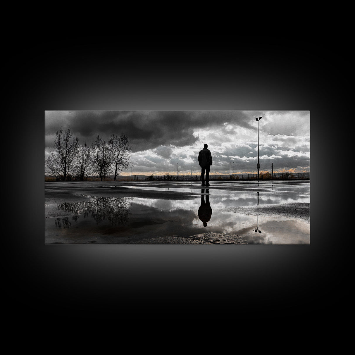 Solitude Reflection, Urban Mood, Moody Skies, Canvas Print, Modern Wall Art, Entryway Decor, Urban Photography, Minimalist Art, Rainy Day Art