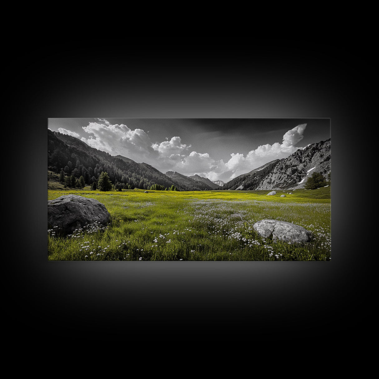 Mountain Meadow, Alpine Landscape, Nature Photography, Wildflower Field, Framed Canvas Print, Bedroom Wall Art, Summer Vibes, Scenic Escape