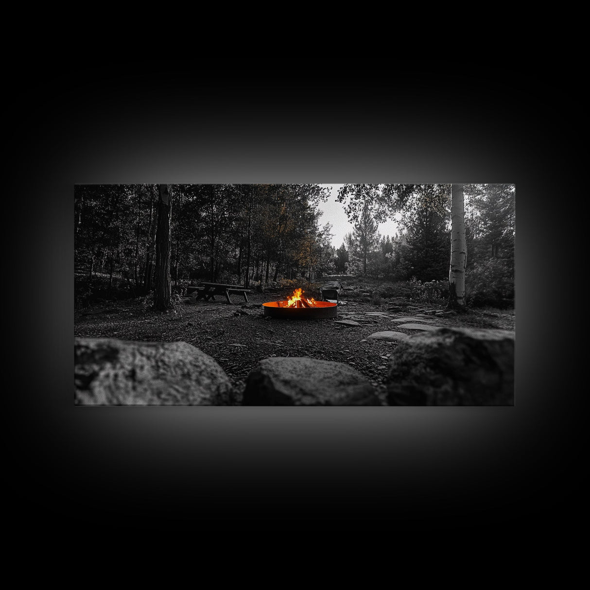 Forest Campfire, Glowing Flames, Outdoor Retreat, Cozy Autumn, Framed Canvas Print, Rustic Wall Decor, Fall Living Room Art, Nature Scene
