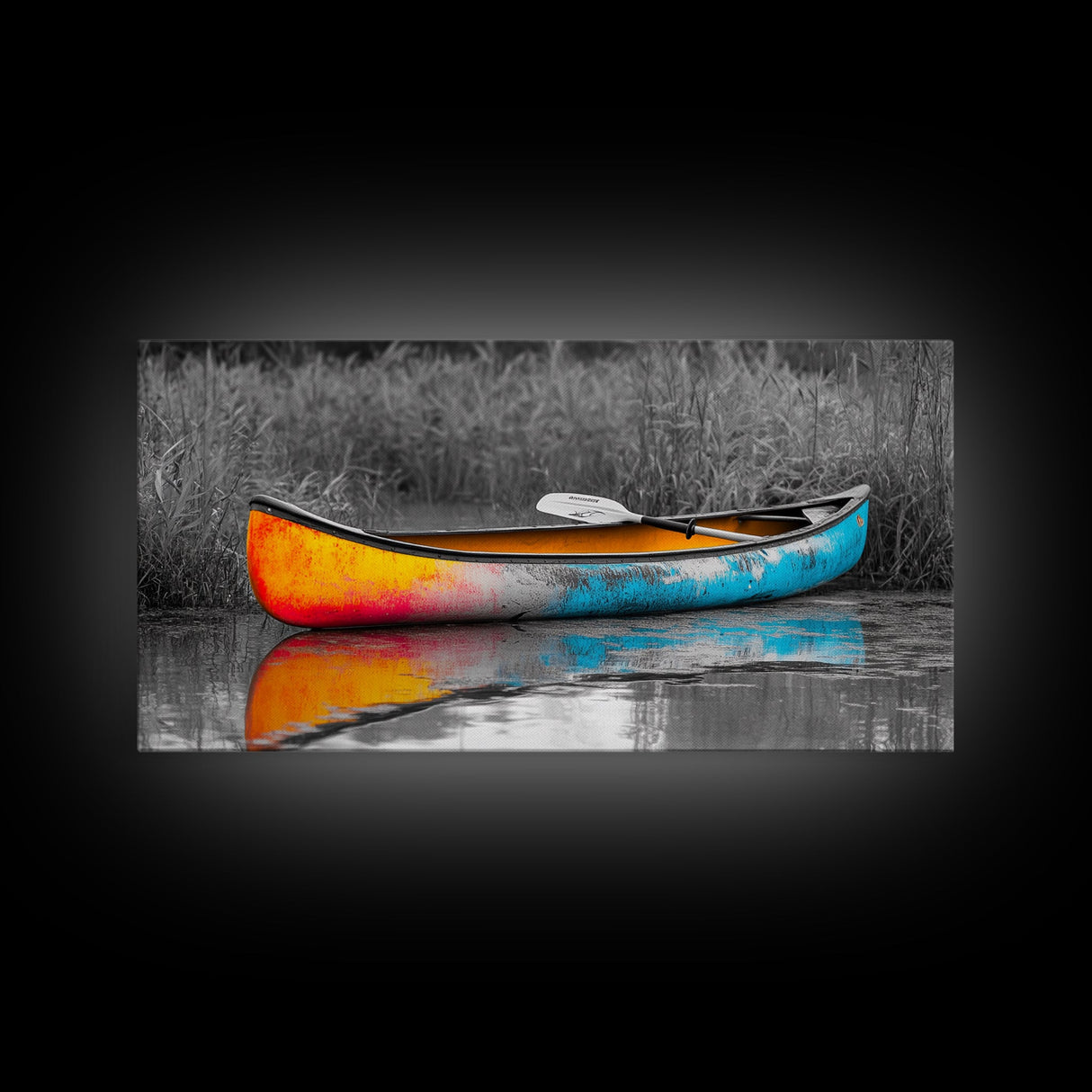 Painted Canoe, River Reflections, Nature Boating, Color Pop Art, Canvas Print, Lakeside Wall Decor, Adventure Theme, Rustic Office Art