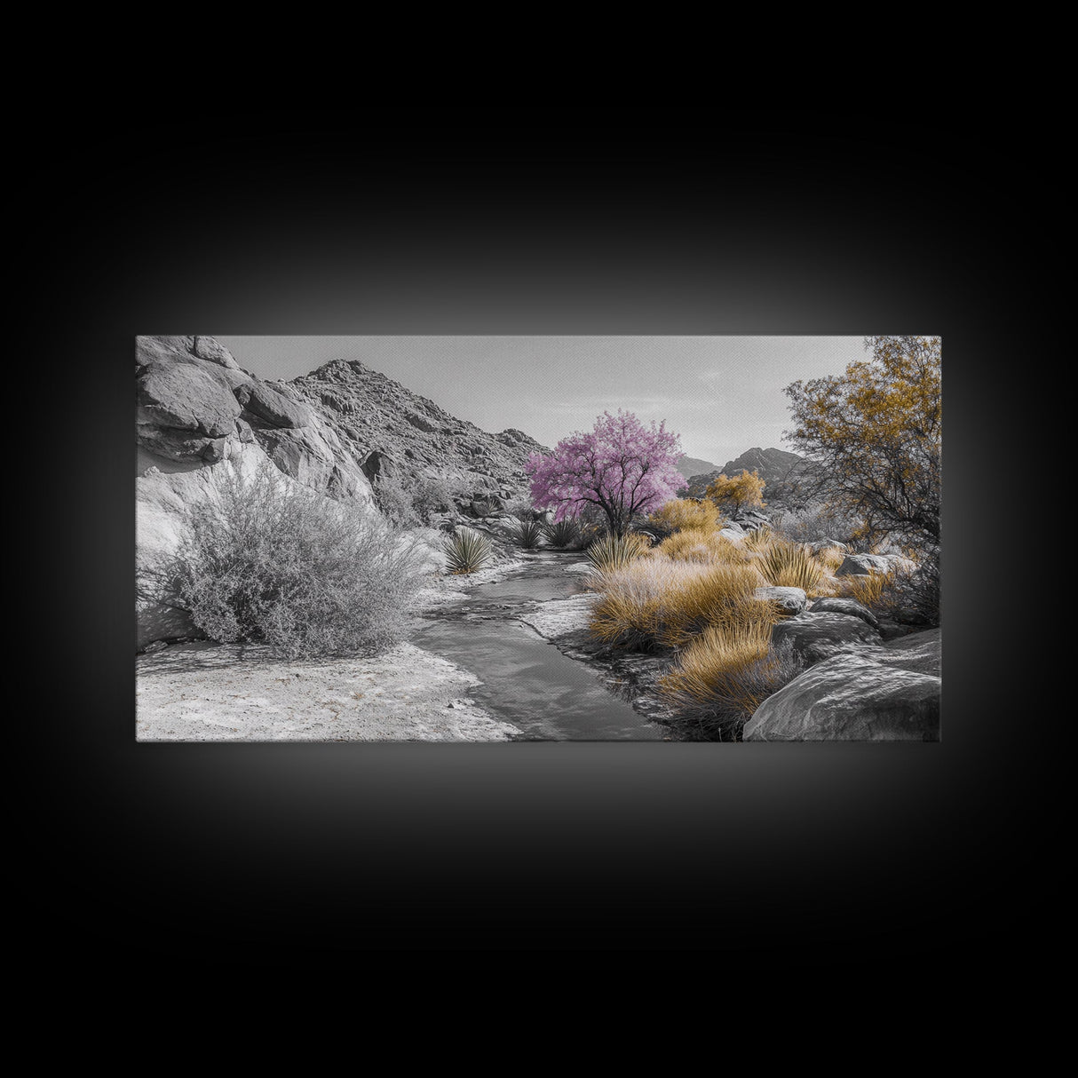 Desert Bloom, Surreal Landscape, Pink Tree, Earthy Desert Colors, Framed Canvas Print, Boho Living Room Wall Art, Southwestern Nature Scene