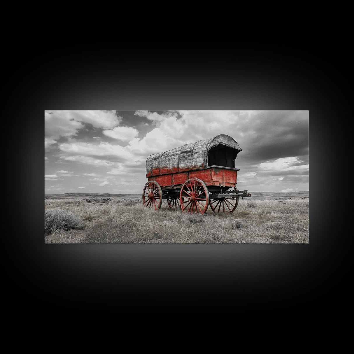Prairie Red Wagon, Old West Scene, Framed Canvas Print, Rustic Wall Decor, Western Style Art, Living Room Accent, Cowboy Nostalgia