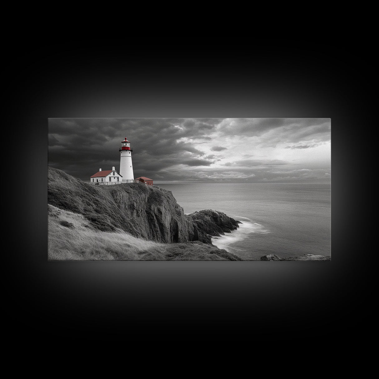 Lighthouse Ocean Storm, Coastal Cliff Light, Framed Canvas Print, Nautical Wall Art, Beach House Decor, Dramatic Sky Scene, Office Art