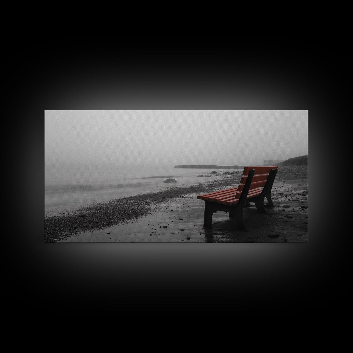 Red Bench Fog, Moody Coastal Morning, Framed Canvas Print, Minimalist Beach Wall Art, Modern Entryway Decor, Black and White Vibes