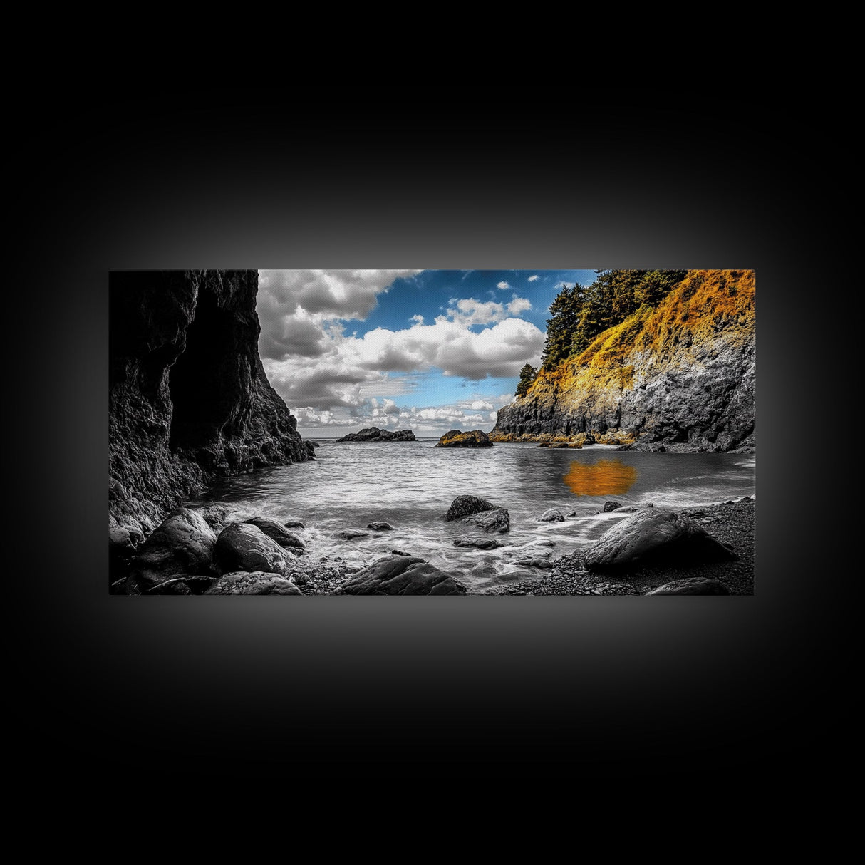 Rocky Cove, Coastal Escape, Golden Hillside, Ocean View, Canvas Print boho coastal art, fall themed decor, living room wall piece