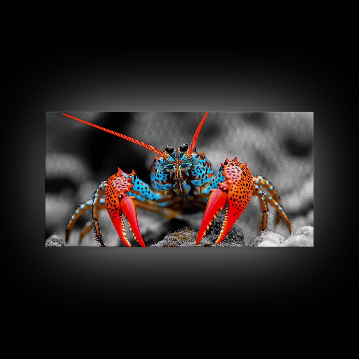 Vibrant Lobster, Red Blue, Sea Creature, Framed Canvas Print, Coastal Kitchen Wall Art, Ocean Wildlife, Nautical Bathroom Decor, Pop Art