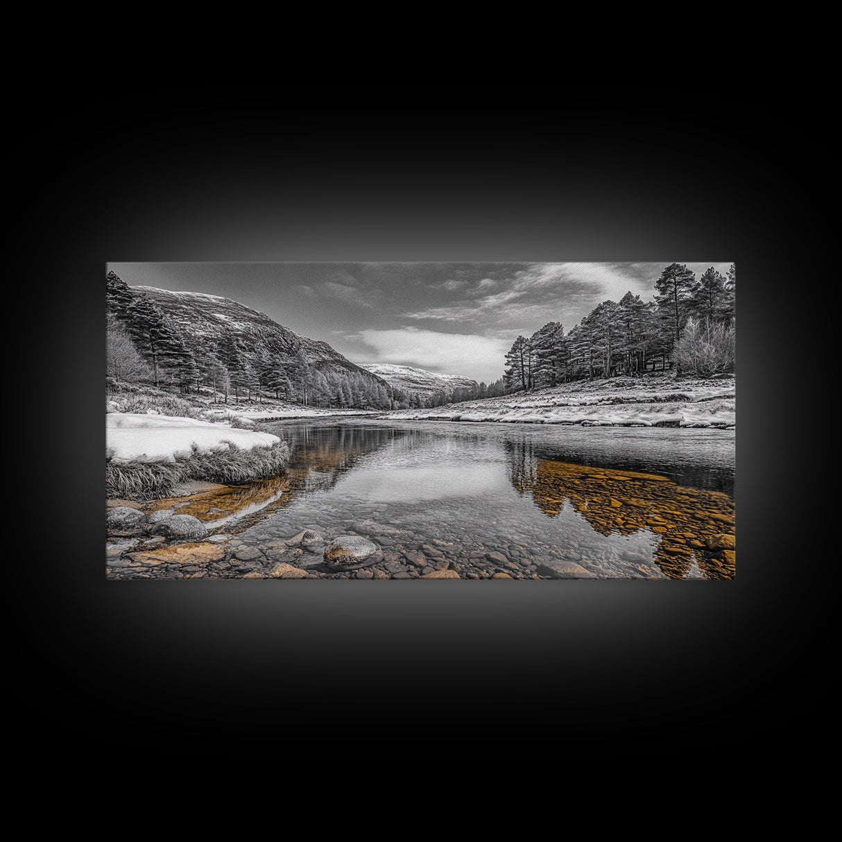 Snow River Scene, Winter Landscape, Peaceful Stream, Framed Canvas Print, Rustic Cabin Decor, Nature Wall Art, Minimalist Winter Aesthetic