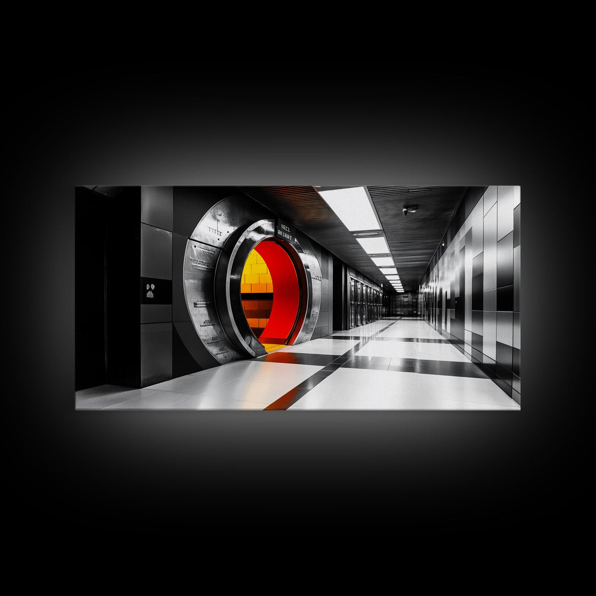 Vault Door, Futuristic Hallway, Urban Industrial Art, Sci Fi Decor, Framed Canvas Print, Office Wall Art, Red Orange Interior Glow