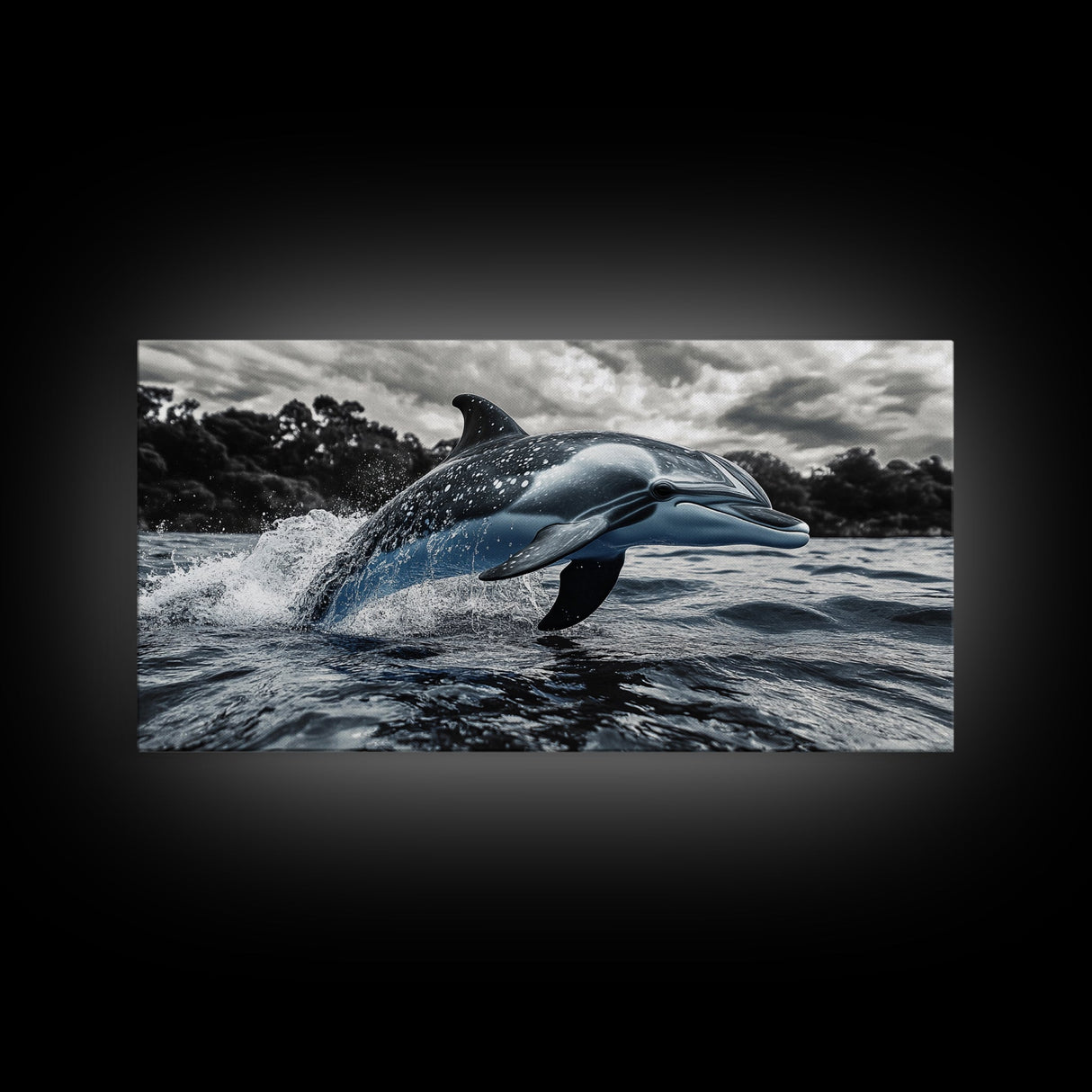 Jumping Dolphin, Ocean Splash, Monochrome Water, Framed Canvas Print, Coastal Wall Art, Bathroom Nautical Decor, Marine Life Photography