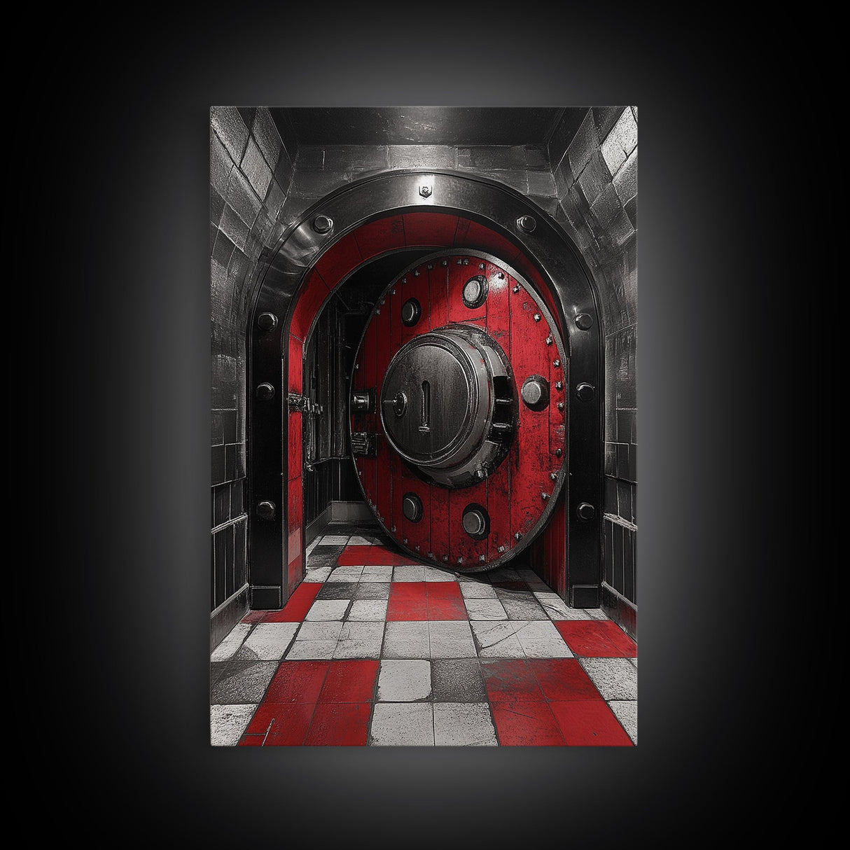 Red Vault Door, Industrial Style, Bold Security, Framed Canvas Print, Urban Interior Wall Art, Game Room Decor, Steampunk Vibes