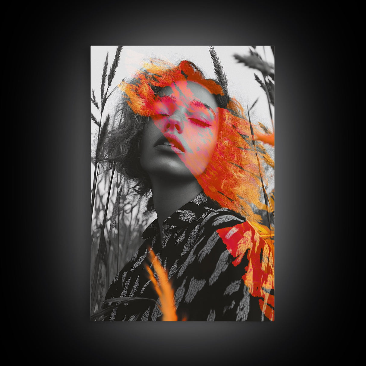 Surreal Woman, Field Portrait, Neon Face Art, Framed Canvas Print, Bold Feminine Wall Art, Bedroom Decor, Modern Pop Art Print