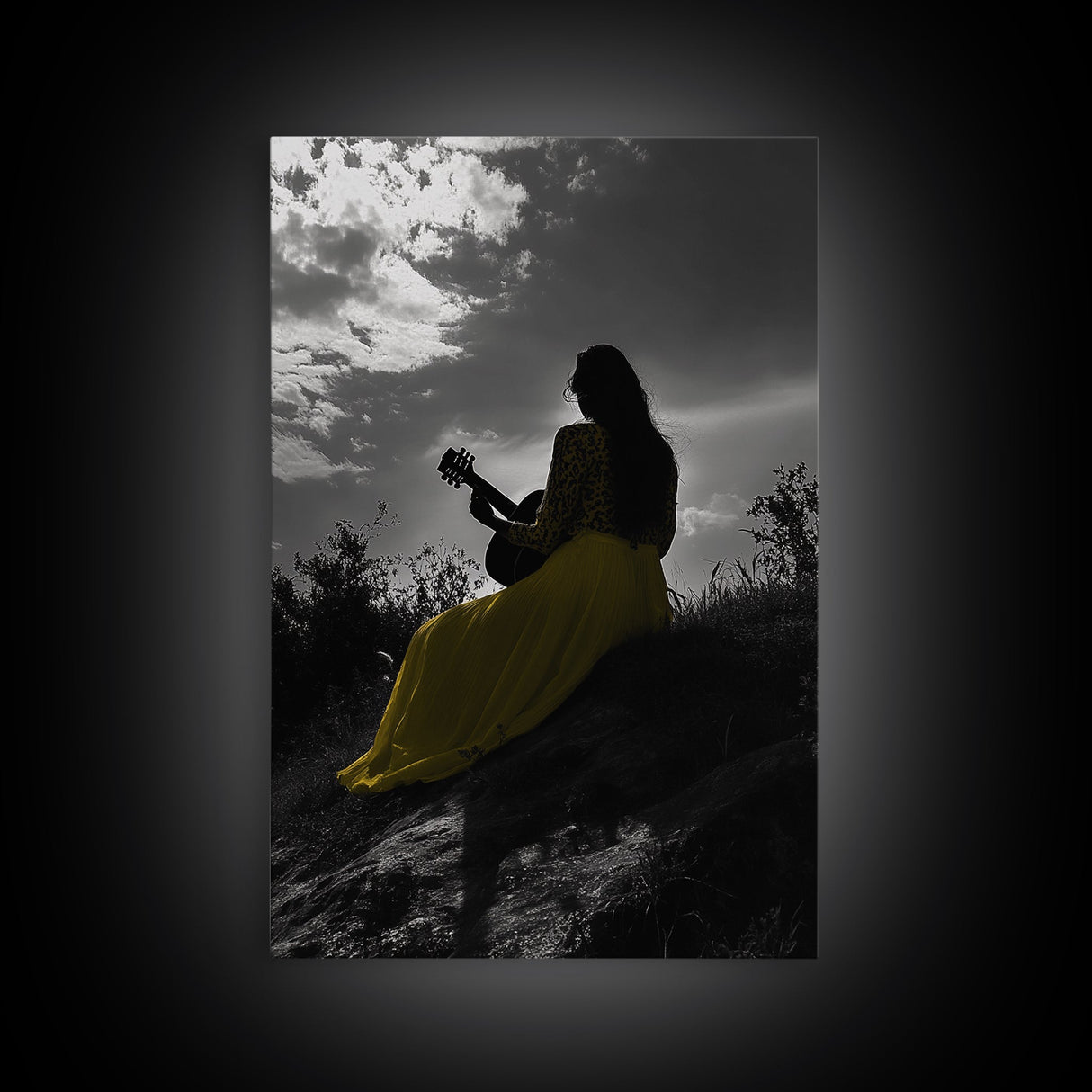 Yellow Dress, Guitar Girl, Sunset Silhouette Scene, Framed Canvas Print, Boho Music Lover Wall Art, Bedroom Fall Vibes Decor