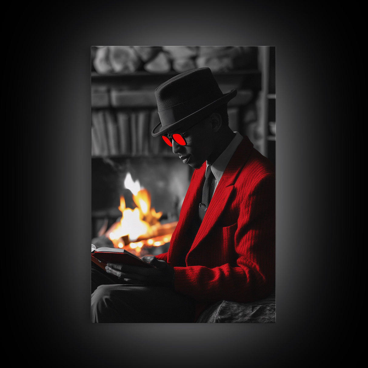 Red Jacket, Reading Firelight, Cozy Vibes, Stylish Man, Framed Canvas Print, Fall Wall Art, Office Decor, Modern Masculine Art