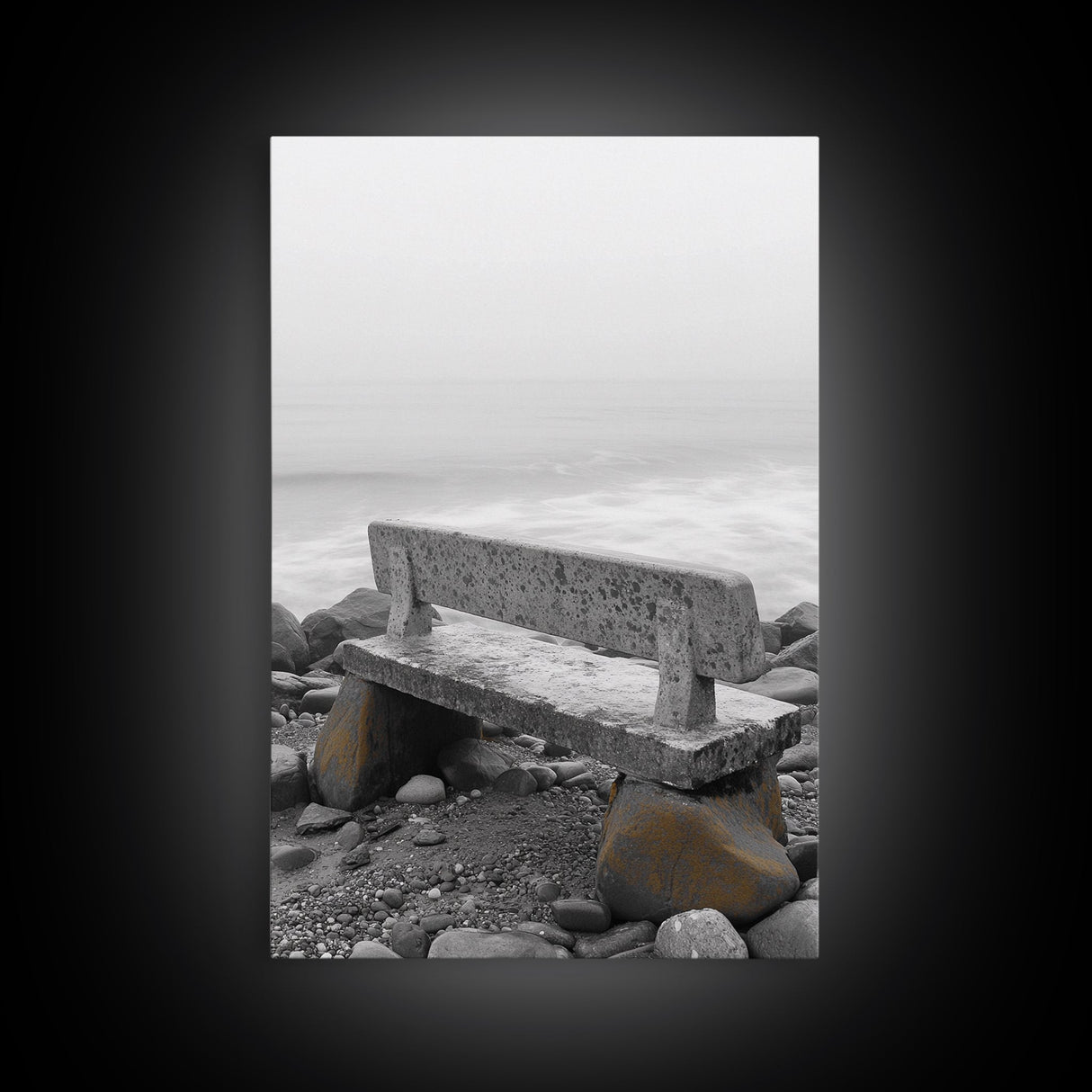 Seaside Bench, Rocky Shore, Ocean Fog, Coastal Calm, Framed Canvas Print, Minimalist Beach Art, Coastal Decor, Serene Ocean View