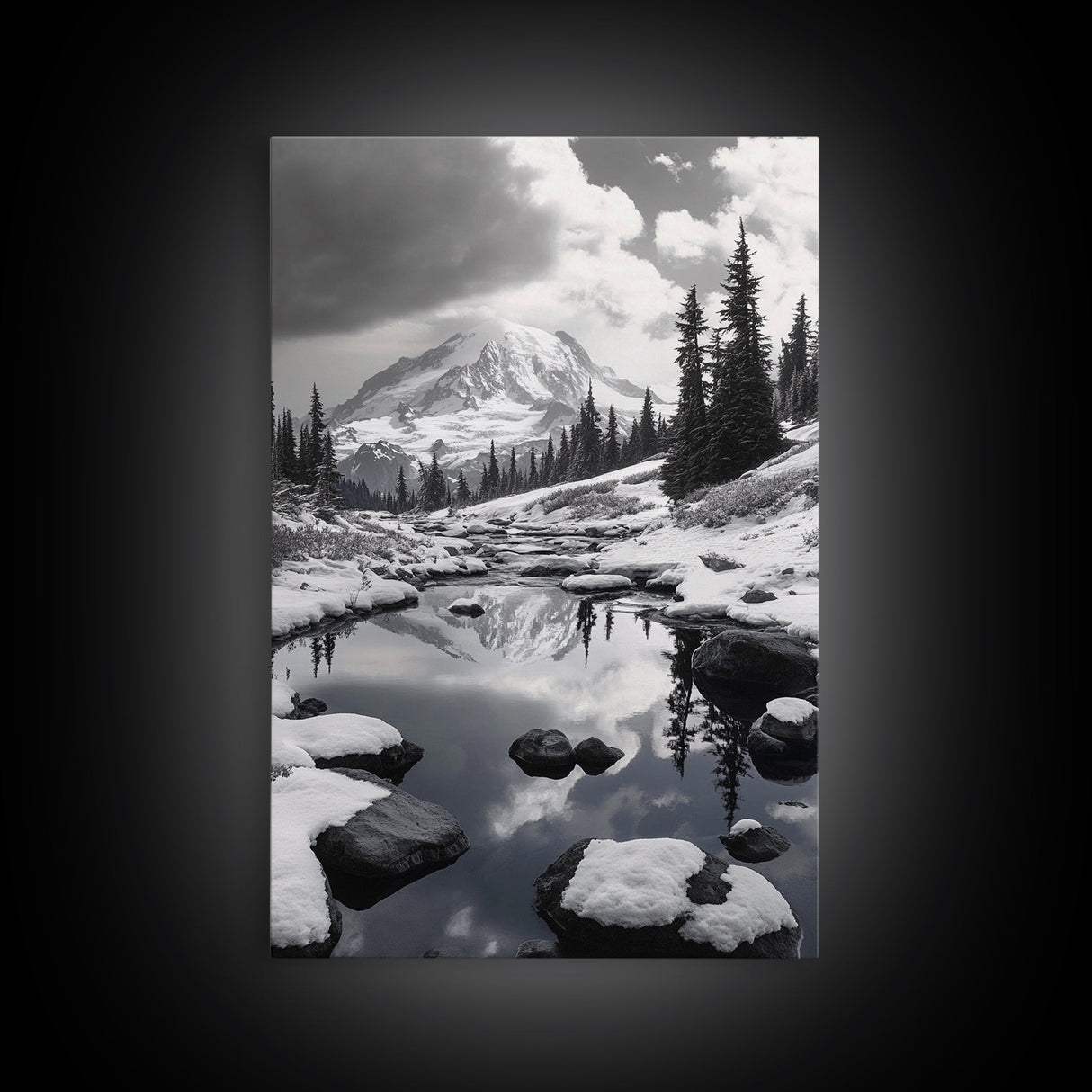 Snowy Mountain, Winter Landscape, Reflection Lake, Canvas Print, Black and White Nature Art, Cabin Wall Art, Adventure Photography
