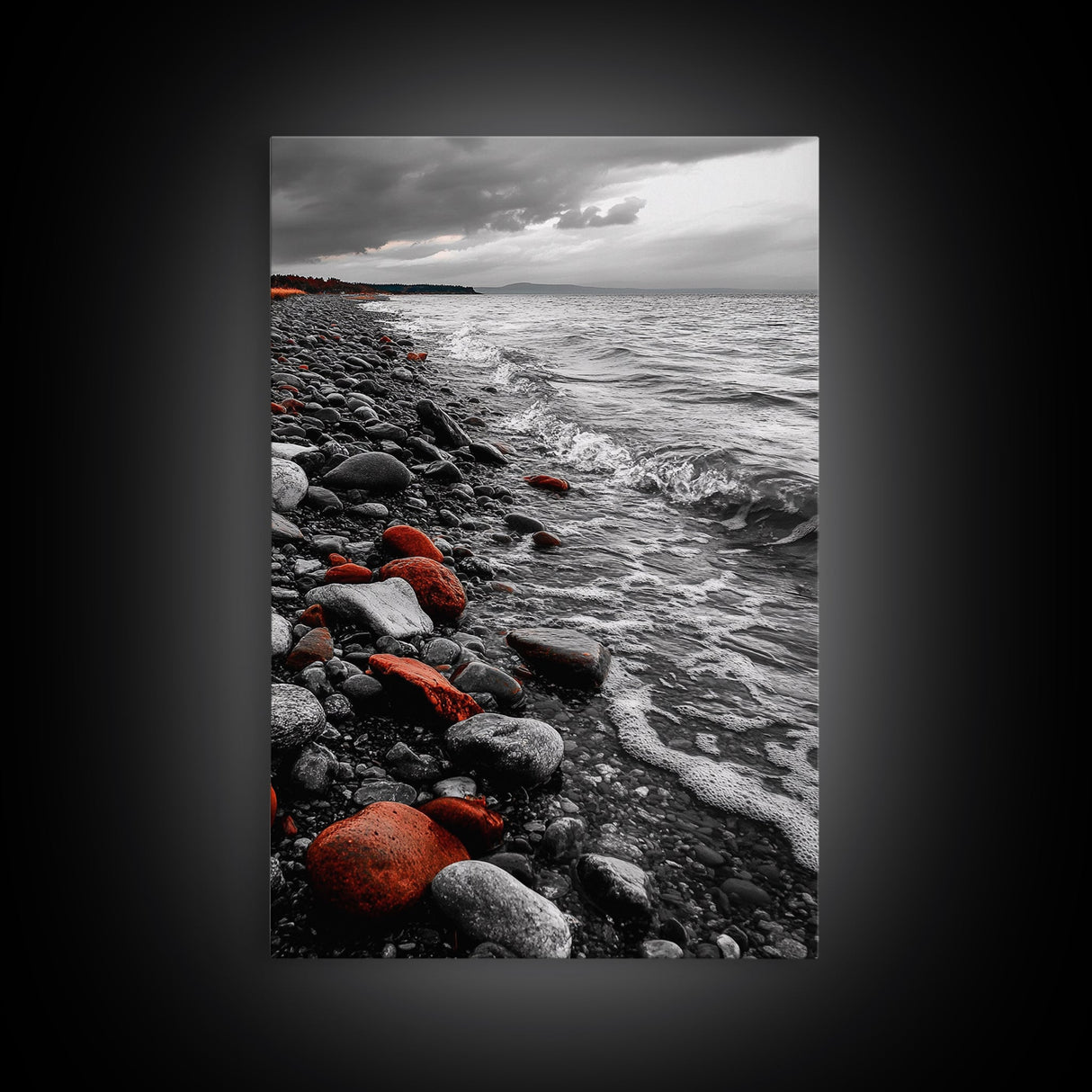Red Shoreline, Bold Pebbles, Coastal Mood, Canvas Print, Nautical Wall Art, Moody Landscape, Black White Red Art, Nature Lover Gift