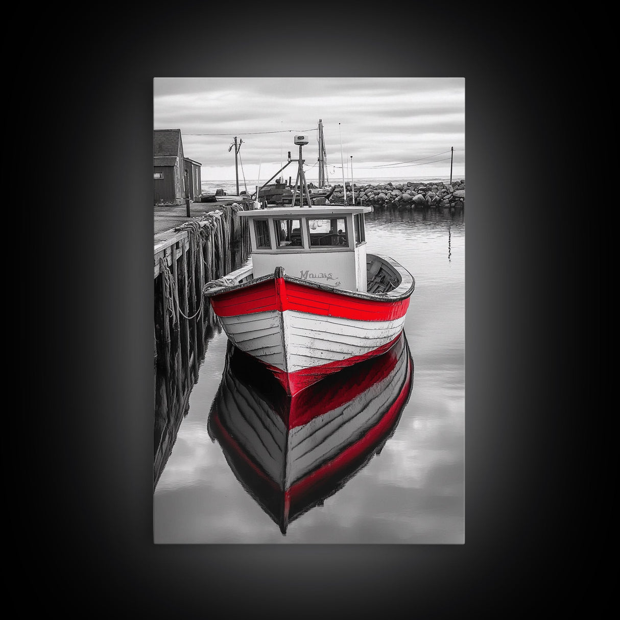 Red Fishing Boat, Harbor Calm, Nautical Charm, Canvas Print, Coastal Kitchen Wall Art, Maritime Theme, Seaside Decor, Rustic Water Scene