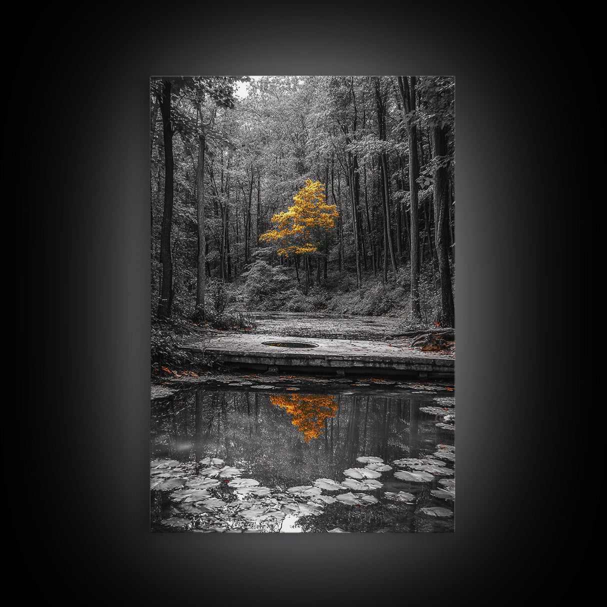 Lone Yellow Tree, Tranquil Pond, Forest Reflection, Canvas Print, Fall Nature Wall Art, Autumn Minimalist Decor, Peaceful Meditation Room