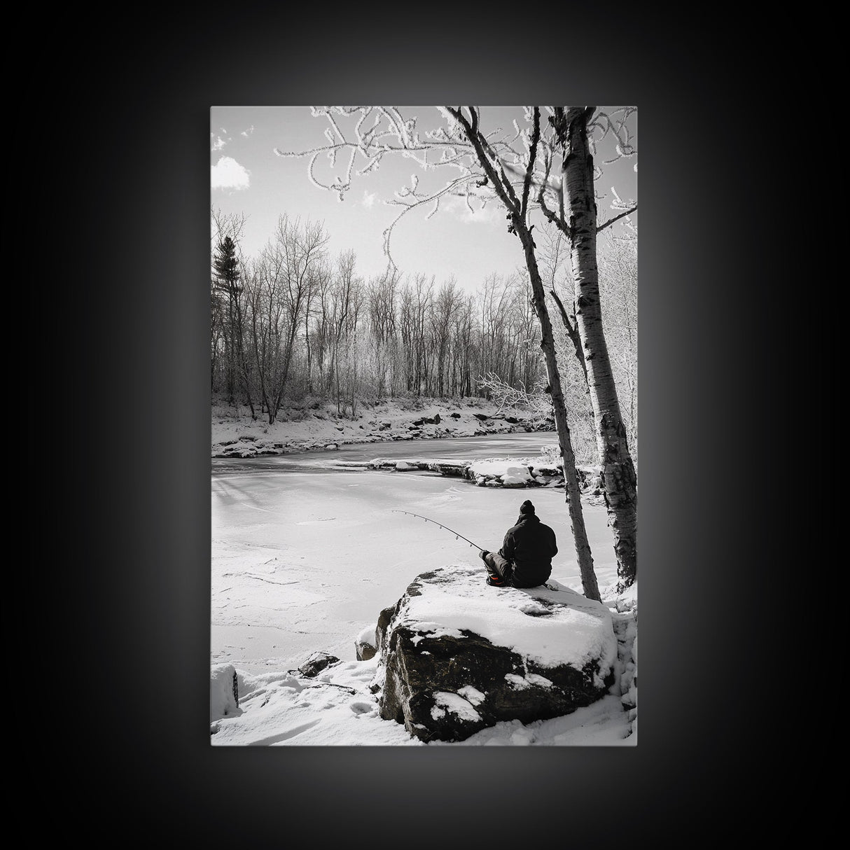Winter Fishing, Snowy River, Peaceful Solitude, Canvas Print, Cabin Wall Art, Rustic Outdoor Decor, Black White Nature Photography