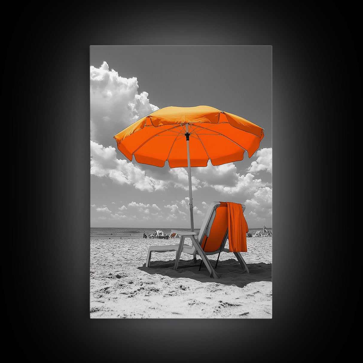 Orange Umbrella Shade, Beach Chill Scene, Relax Spot, Framed Canvas Print, Summer Wall Art, Vacation Vibe Decor, Minimalist Beach Art