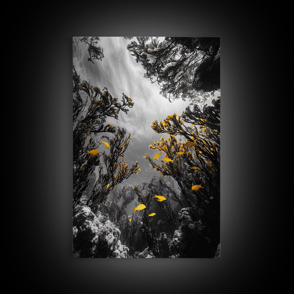 Golden Fish, Kelp Forest, Ethereal Ocean Scene, Framed Canvas Print, Underwater Wall Art, Nature Photography, Bathroom Sea Decor