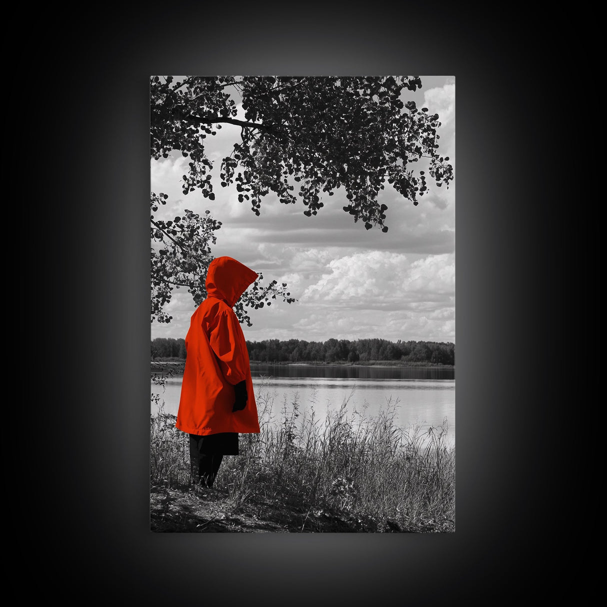 Red Coat Figure, Lakeside Reflection, Mystery Forest Mood, Canvas Print, Autumn Minimalist Wall Art, Moody Storybook Decor, Nature Style