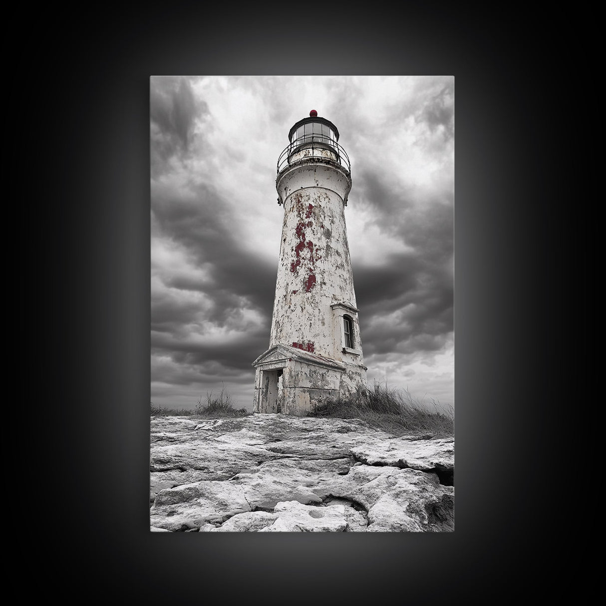 Rustic Lighthouse Shore, Weathered Tower Art, Stormy Coast Scene, Moody Seaside, Framed Canvas Print, nautical bathroom or den wall decor
