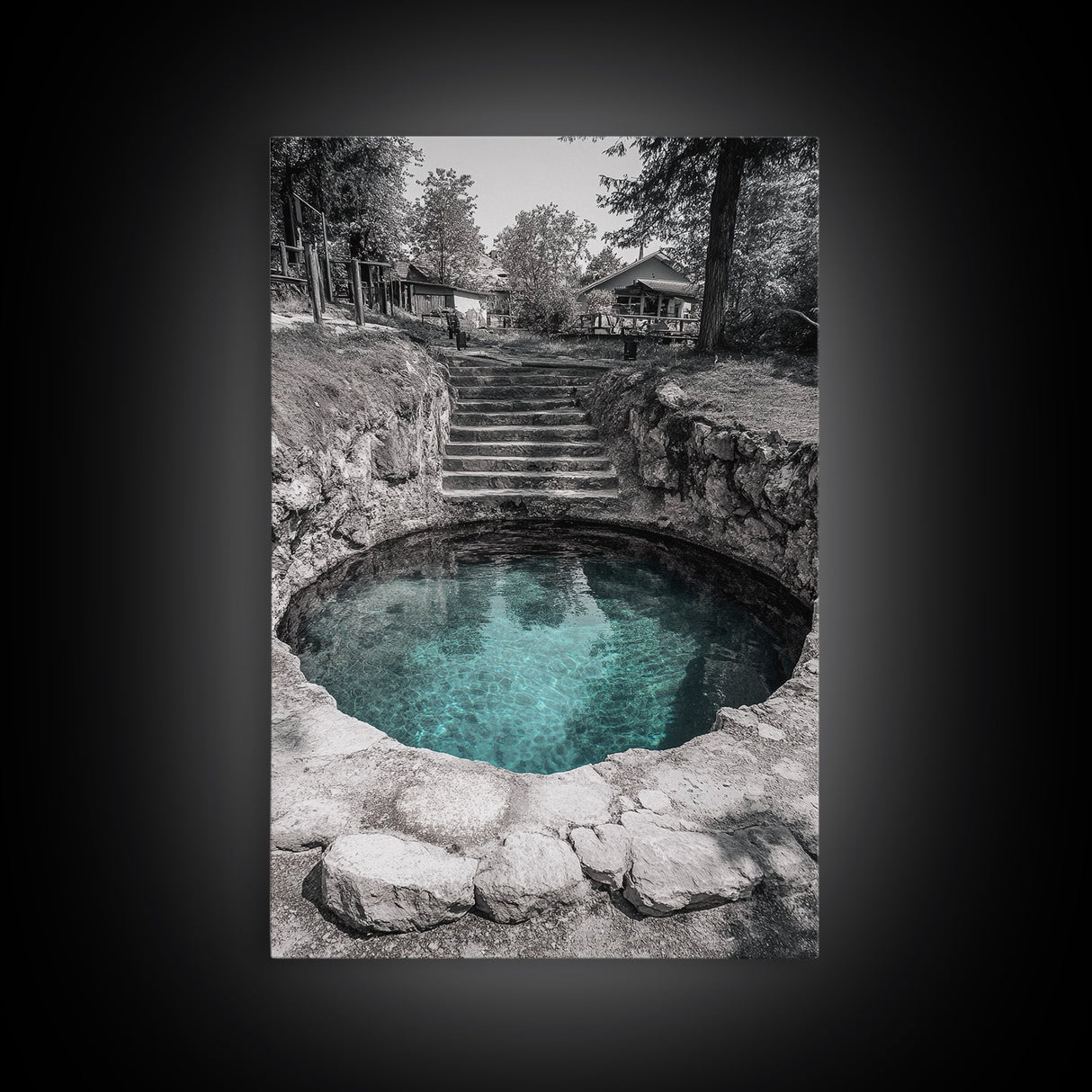Hidden Spring Pool, Stone Garden Scene, Tranquil Nature Print, Zen Wall Decor, Framed Canvas Print, Minimalist Bathroom Wall Art