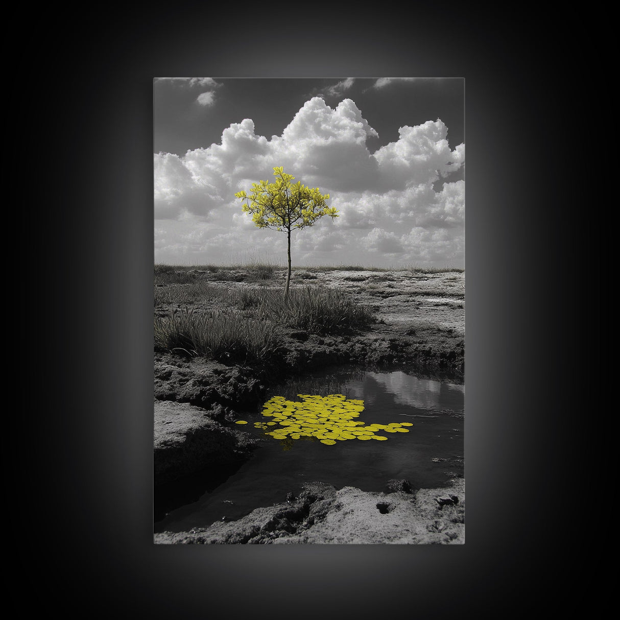 Solitary Tree, Desert Reflection, Yellow Leaves, Framed Canvas Print, Minimalist Wall Art, Bedroom Decor, Nature Fine Art Landscape