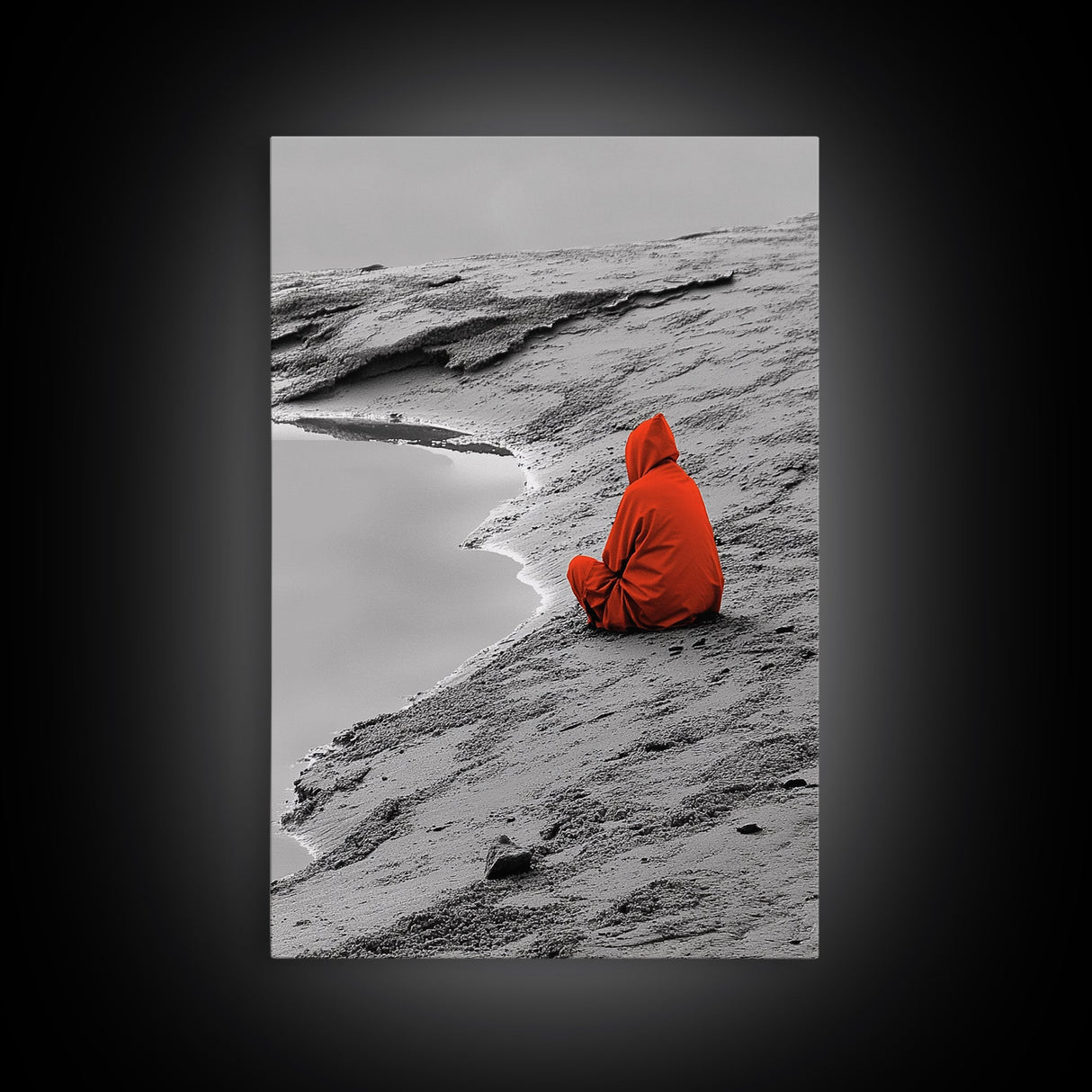 Red Cloaked Solitude, Minimalist Seashore, Peaceful Hooded Figure, Framed Canvas Print, Meditation Room Art, Surreal Photography