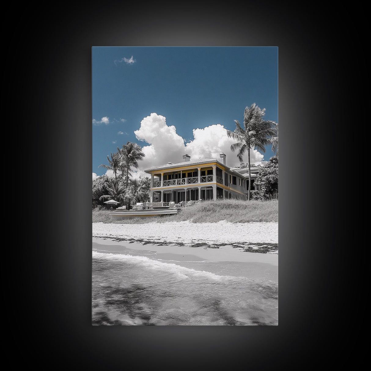 Coastal House, Tropical Beach, Summer Vacation, Color Pop, Framed Canvas Print, Beach House Art, Nautical Decor, Living Room Wall Art