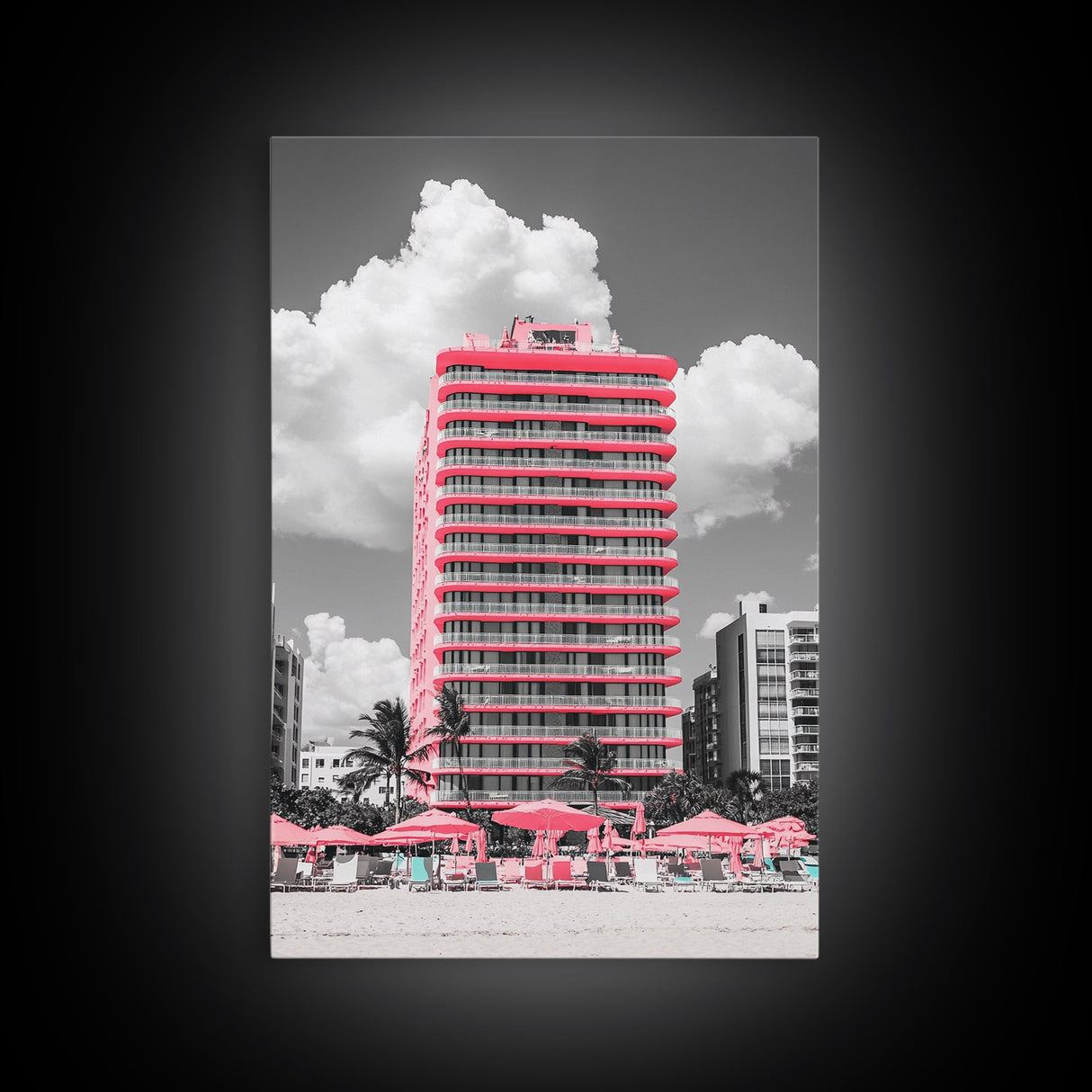 Pink Hotel, Miami Vibes, Summer Retro, Beach Scene, Canvas Print, Pop Art Aesthetic, Living Room Wall Art, Vacation Style