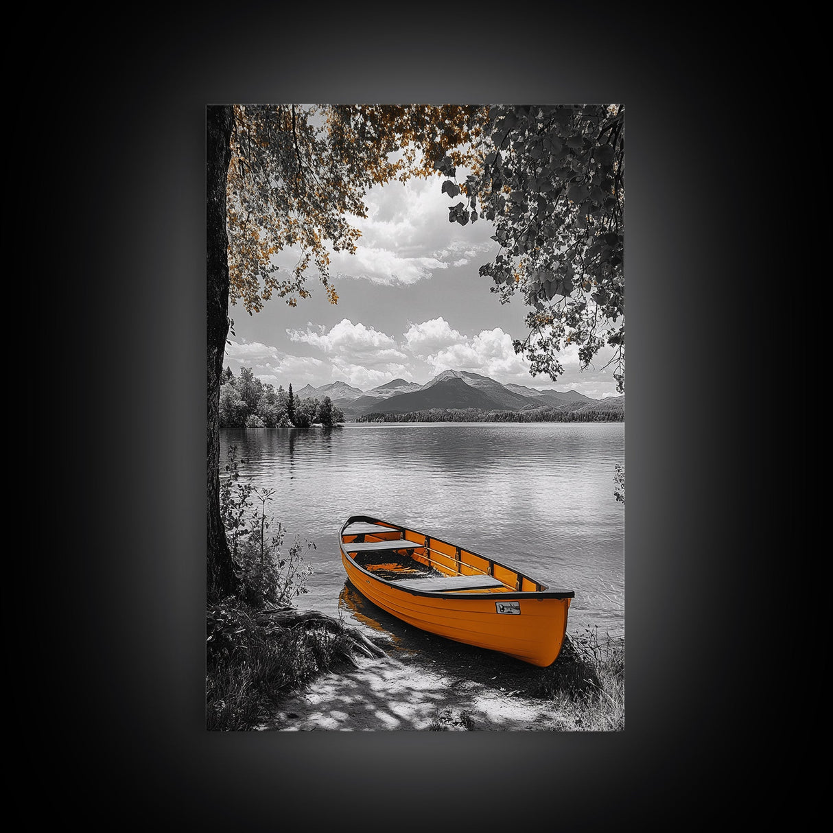 Lake Rowboat, Serene Waters, Mountain Reflection, Framed Canvas Print, Minimalist Nature Art, Living Room Wall Art, Tranquil Landscape