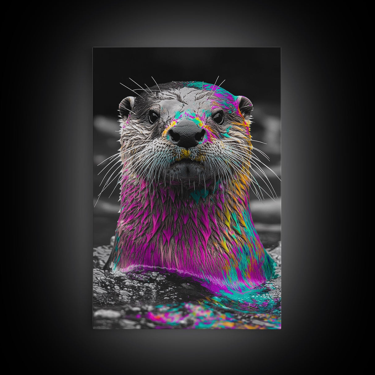 Colorful Otter, Vibrant Animal, Rainbow Fur, Framed Canvas Print, Kids Room Decor, Whimsical Wildlife Art, Playroom Wall Art, Bold Style